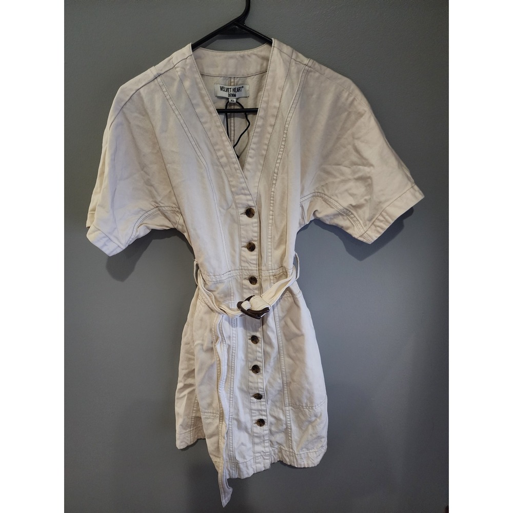 Velvet Heart Denim Cream Utility Mini Dress Button Front Belted XS